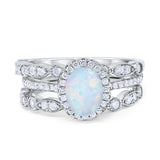 Three Piece Engagement Ring Oval Created White Opal 925 Sterling Silver