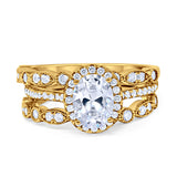 Three Piece Halo Engagement Ring Oval Yellow Tone, Simulated Cubic Zirconia 925 Sterling Silver