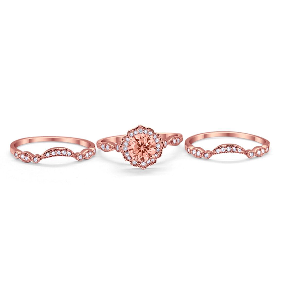Three Piece Engagement Ring Band Simulated Morganite CZ Rose Tone 925 Sterling Silver