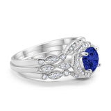 Halo Three Piece Wedding Art Deco Simulated Blue Sapphire CZ Ring Band Solid 925 Sterling Silver