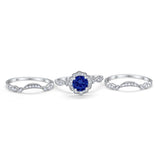 Halo Three Piece Wedding Art Deco Simulated Blue Sapphire CZ Ring Band Solid 925 Sterling Silver
