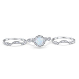 Halo Three Piece Wedding Art Deco Lab Created White Opal Ring Band Solid 925 Sterling Silver