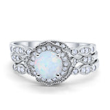 Halo Three Piece Wedding Art Deco Lab Created White Opal Ring Band Solid 925 Sterling Silver