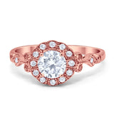 Halo Fancy Wedding Ring Round Rose Tone, Simulated Cubic Zirconia 925 Sterling Silver