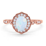 Antique Style Wedding Ring Round Rose Tone, Lab Created White Opal 925 Sterling Silver