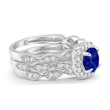 Halo Three Piece Wedding Bridal Set Simulated Blue Sapphire CZ Ring 925 Sterling Silver