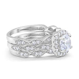 Halo Three Piece Wedding Bridal Set Simulated CZ Ring 925 Sterling Silver