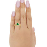Halo Three Piece Wedding Yellow Tone, Simulated Green Emerald CZ Ring 925 Sterling Silver