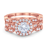 Halo Three Piece Wedding Bridal Set Rose Tone, Simulated CZ Ring 925 Sterling Silver