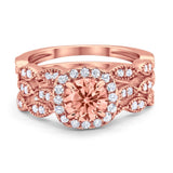 Halo Three Piece Wedding Rose Tone, Simulated Morganite CZ Ring 925 Sterling Silver
