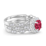 Halo Three Piece Wedding Simulated Ruby CZ Rings 925 Sterling Silver