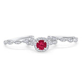 Halo Three Piece Wedding Simulated Ruby CZ Rings 925 Sterling Silver