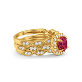 Halo Three Piece Wedding Yellow Tone, Simulated Ruby CZ Rings 925 Sterling Silver