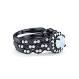 Halo Three Piece Wedding Bridal Black Tone, Lab Created White Opal Ring 925 Sterling Silver