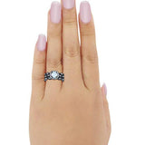 Halo Three Piece Wedding Bridal Black Tone, Lab Created White Opal Ring 925 Sterling Silver