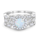 Halo Three Piece Wedding Bridal Lab Created White Opal Ring 925 Sterling Silver