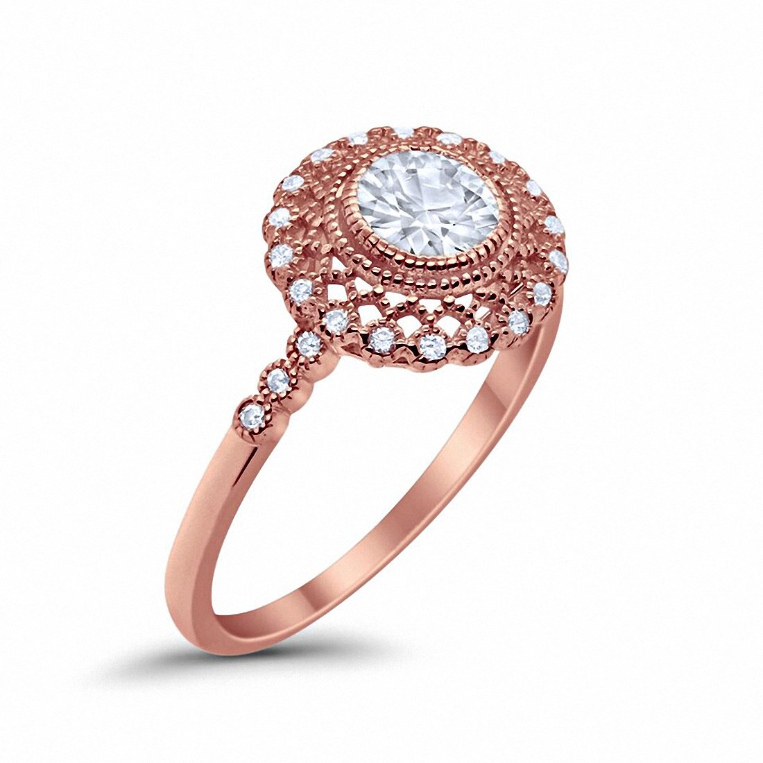 Halo Engagement Ring Bezel Round Rose Tone, Simulated CZ 925 Sterling Silver