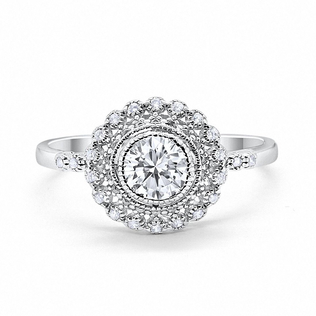 Halo Engagement Ring Bezel Round Simulated Cubic Zirconia 925 Sterling Silver