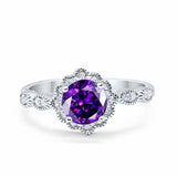 Floral Art Engagement Ring Round Simulated Amethyst CZ 925 Sterling Silver