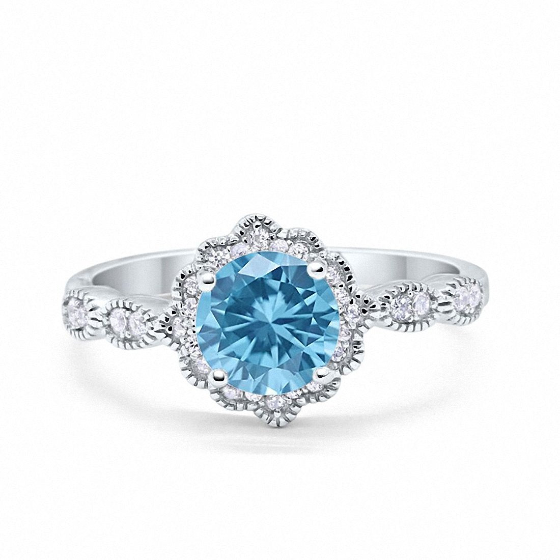 Floral Art  Engagement Ring Round Simulated Aquamarine CZ 925 Sterling Silver