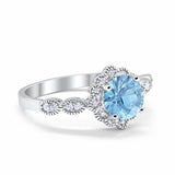 Floral Art  Engagement Ring Round Simulated Aquamarine CZ 925 Sterling Silver