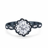 Floral Art Engagement Ring Black Tone, Simulated CZ 925 Sterling Silver