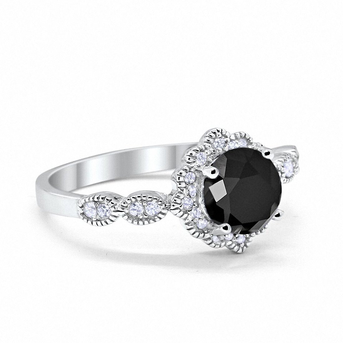 Floral Art Wedding Ring Simulated Black Cubic Zirconia 925 Sterling Silver