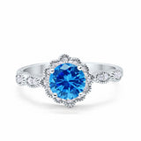 Halo Floral Art Deco Wedding Ring Simulated Blue Topaz CZ 925 Sterling Silver