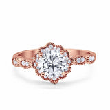 Floral Art Engagement Ring Round Rose Tone, Simulated CZ 925 Sterling Silver