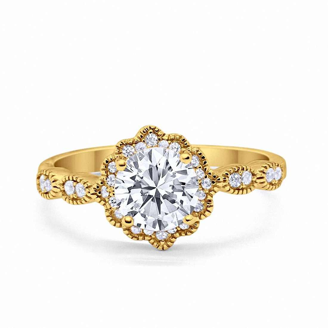 Floral Art Engagement Ring Yellow Tone, Simulated CZ 925 Sterling Silver