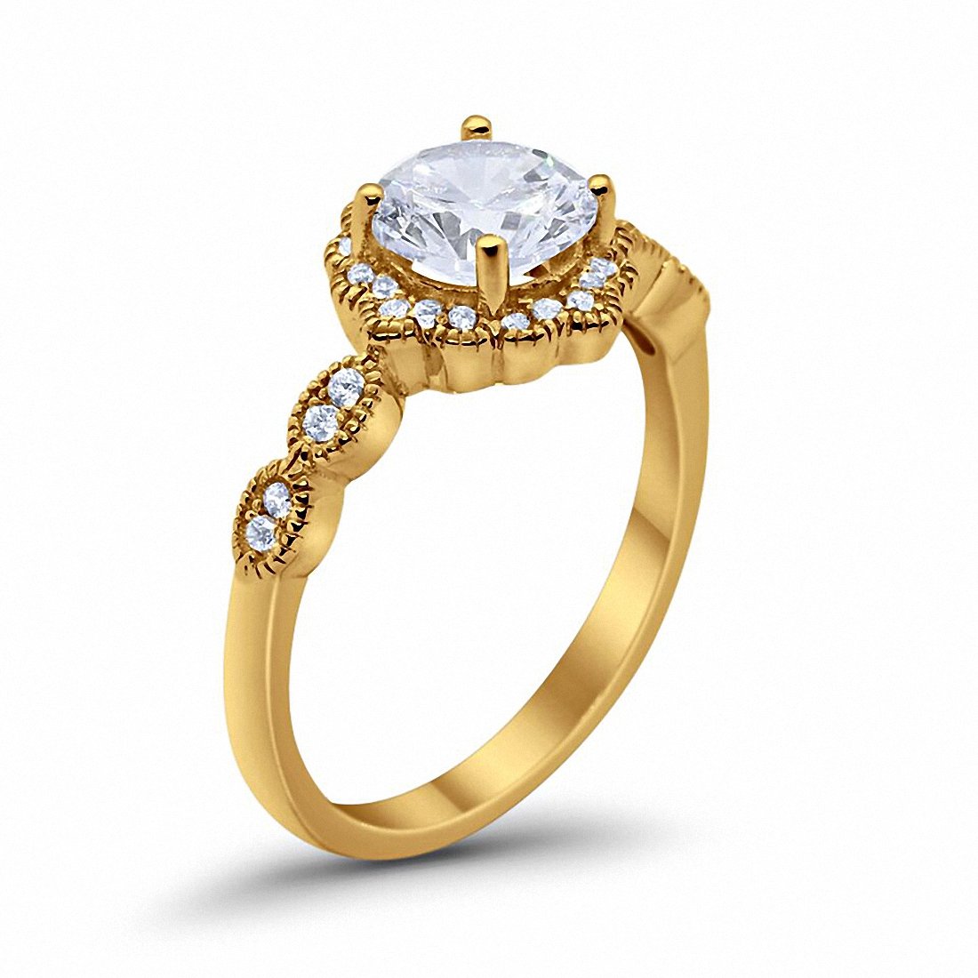 Floral Art Engagement Ring Yellow Tone, Simulated CZ 925 Sterling Silver