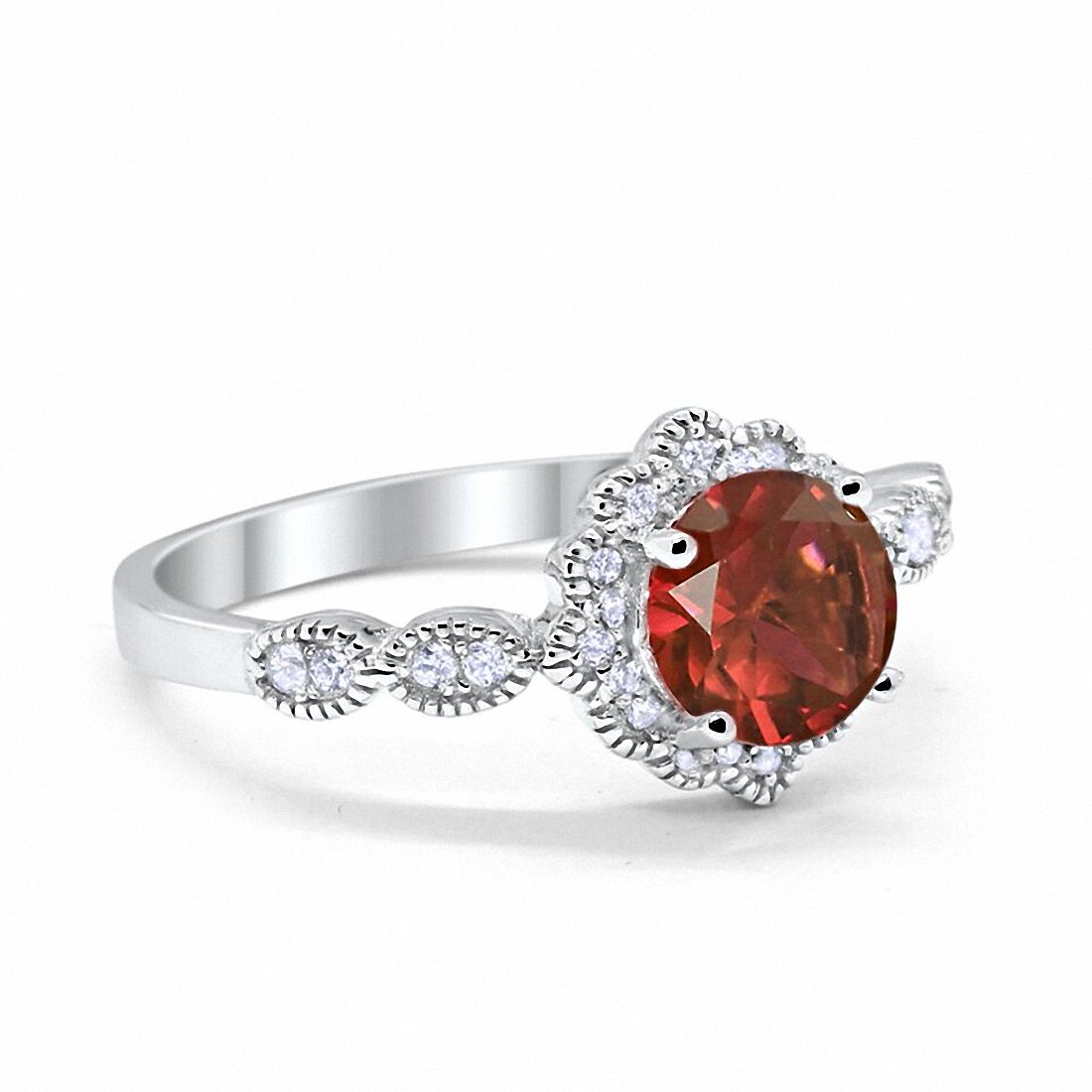 Floral Art Engagement Ring Simulated Garnet Cubic Zirconia 925 Sterling Silver