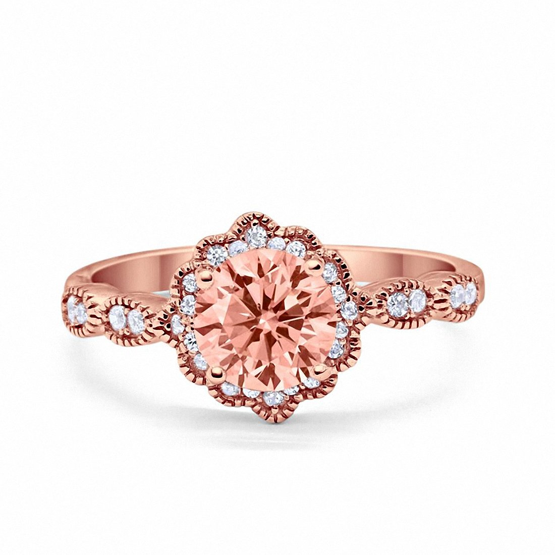 Simulated Morganite Rings Floral Art Engagement Ring Round Rose Tone, Simulated Morganite CZ 925