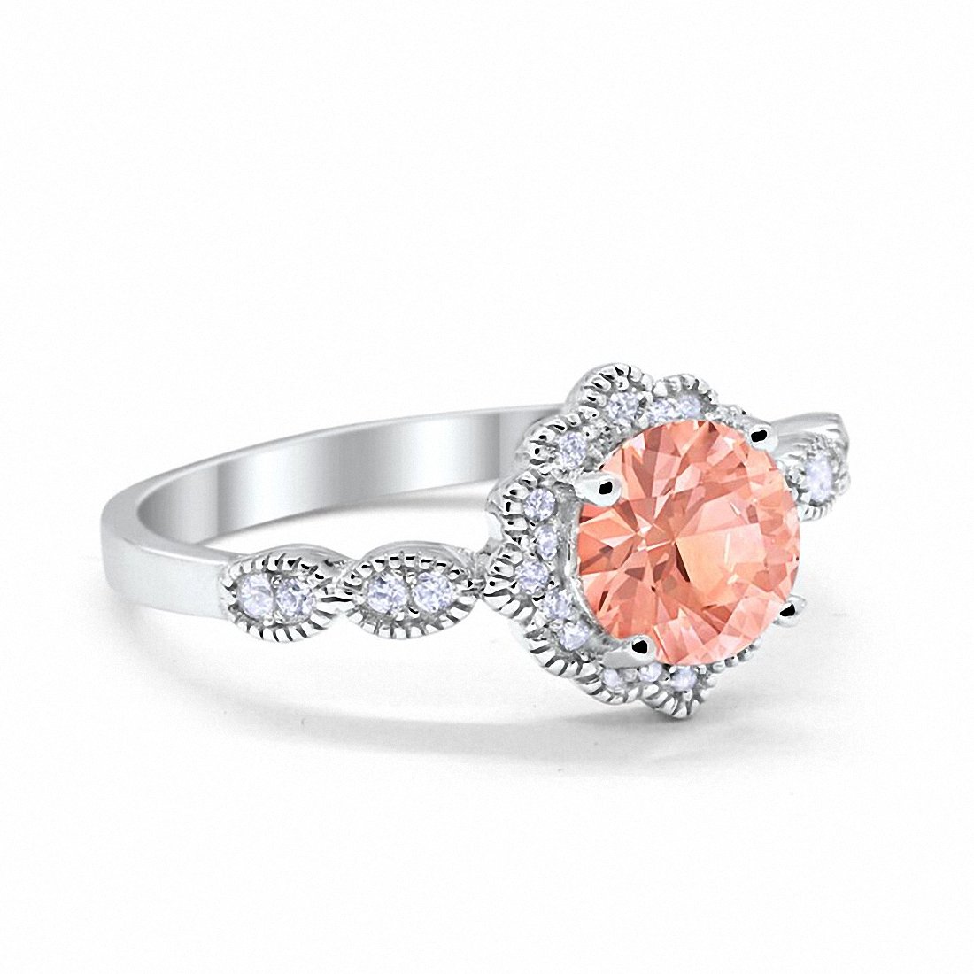 Floral Art Engagement Ring Simulated Morganite Cubic Zirconia 925 Sterling Silver