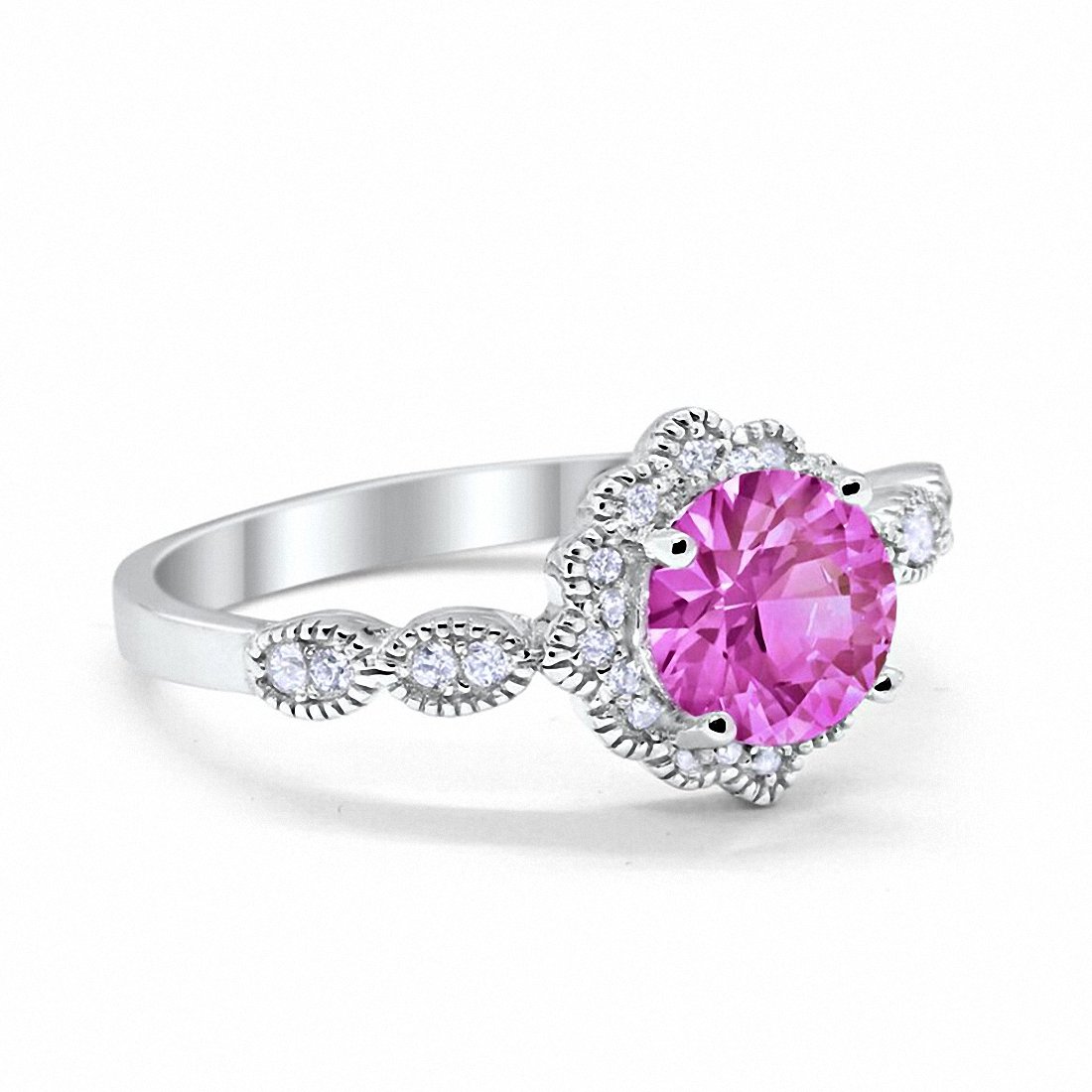 Floral Art Engagement Ring Simulated Pink Cubic Zirconia 925 Sterling Silver