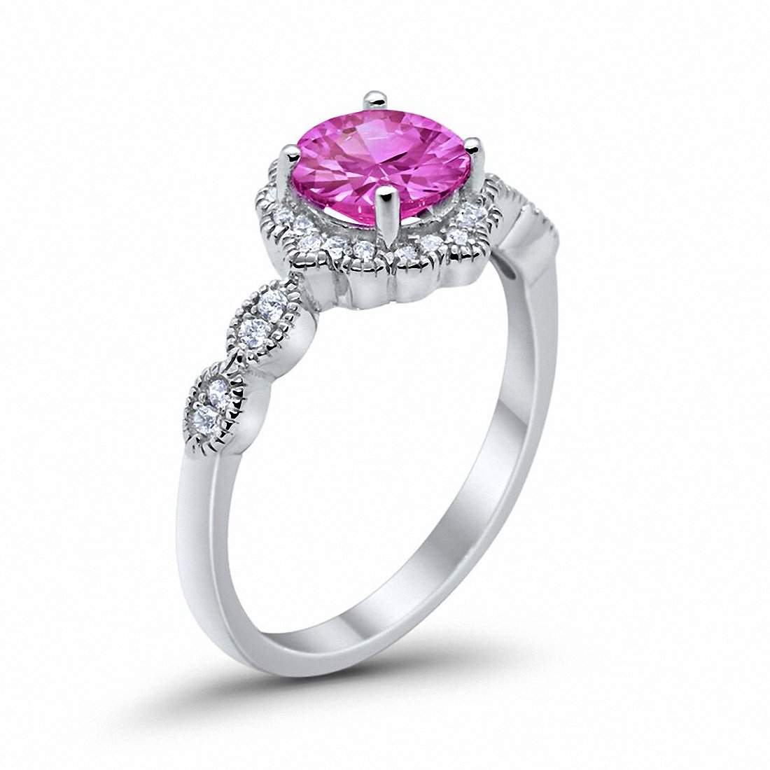 Floral Art Engagement Ring Simulated Pink Cubic Zirconia 925 Sterling Silver