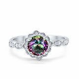 Floral Art  Engagement Ring Simulated Rainbow CZ 925 Sterling Silver