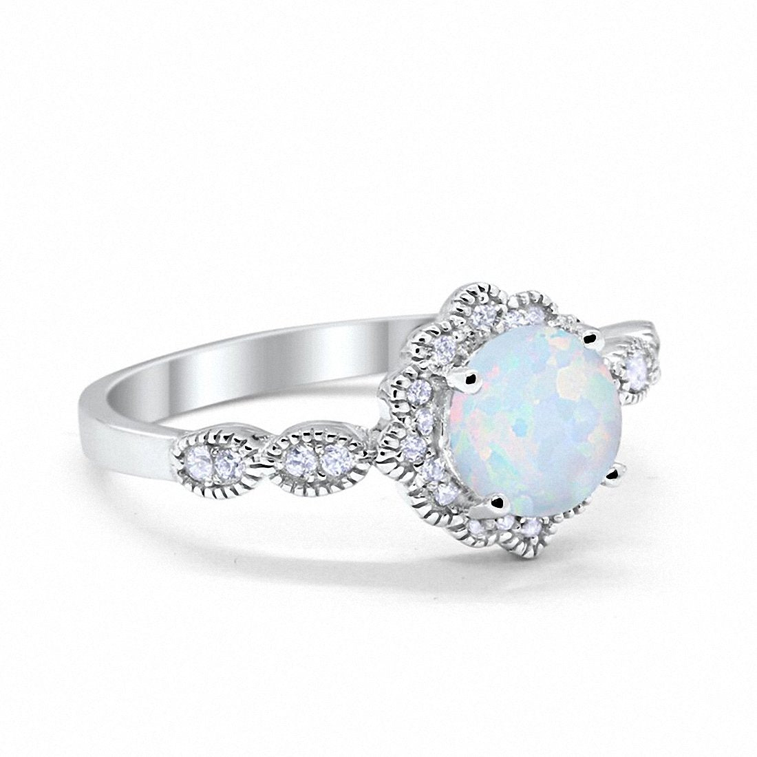 Floral Art Wedding Engagement Ring Lab Created White Opal 925 Sterling Silver