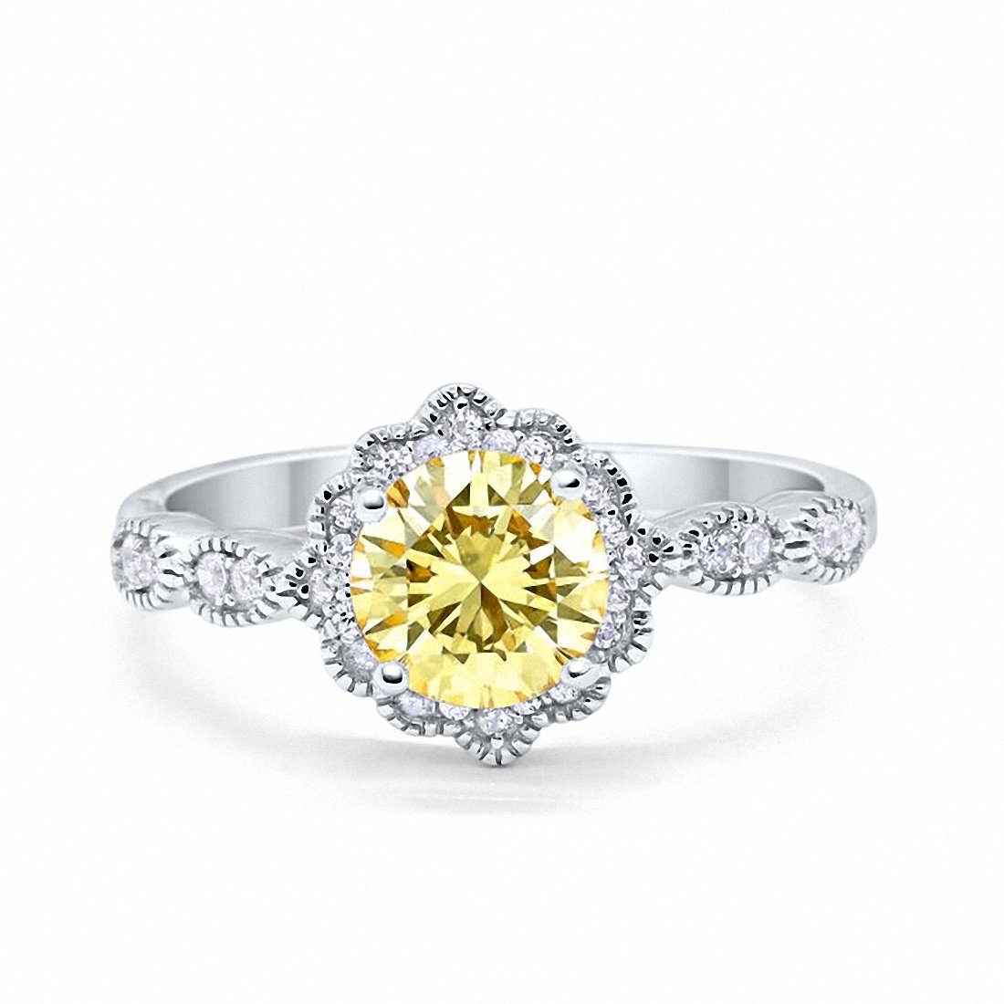 Floral Art Wedding Ring Simulated Yellow Cubic Zirconia 925 Sterling Silver