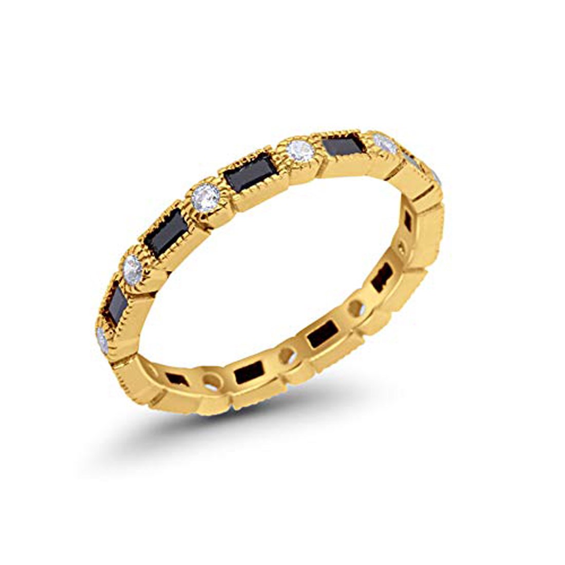 Full Eternity Wedding Band Yellow Tone, Simulated Black CZ 925 Sterling Silver