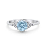 Floral Art Deco Wedding Ring Round Simulated Aquamarine CZ 925 Sterling Silver