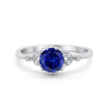 Floral Art Deco Wedding Ring Round Simulated Blue Sapphire CZ 925 Sterling Silver