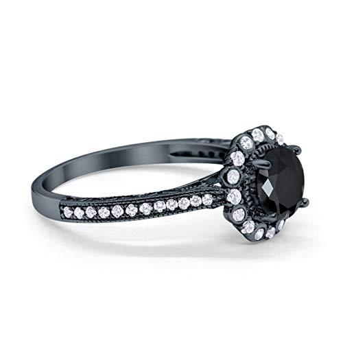 Filigree Halo Engagement Bridal Ring Round Black Tone, Simulated Black CZ 925 Sterling Silver