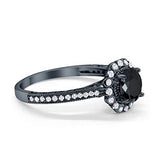 Filigree Halo Engagement Bridal Ring Round Black Tone, Simulated Black CZ 925 Sterling Silver