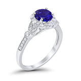 Floral Art Deco Engagement Ring Simulated Blue Sapphire CZ 925 Sterling Silver