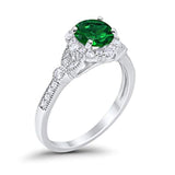 Floral Art Deco Engagement Ring Simulated Green Emerald CZ 925 Sterling Silver