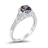 Floral Art Deco Engagement Ring Simulated Rainbow CZ 925 Sterling Silver