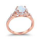 Floral Art Deco Engagement Ring Rose Tone, Lab Created White Opal 925 Sterling Silver