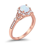 Floral Art Deco Engagement Ring Rose Tone, Lab Created White Opal 925 Sterling Silver