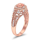 Fancy Art Deco Wedding Ring 925 Sterling Silver Round Rose Tone, Simulated Morganite CZ